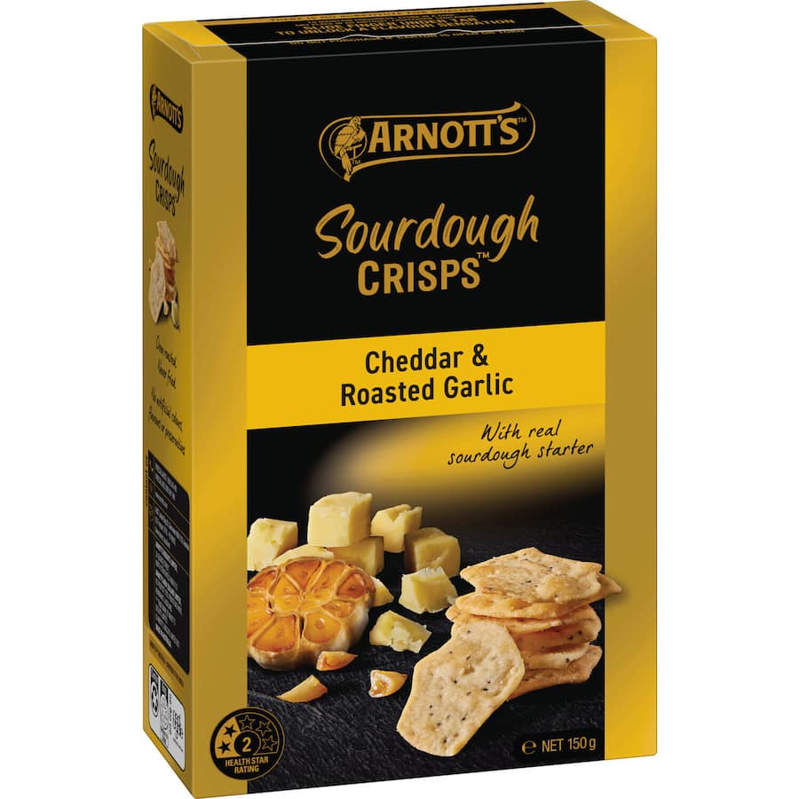 Crunchy Arnotts Sourdough Crackers with rich cheddar and garlic flavors, perfect for snacking or entertaining.