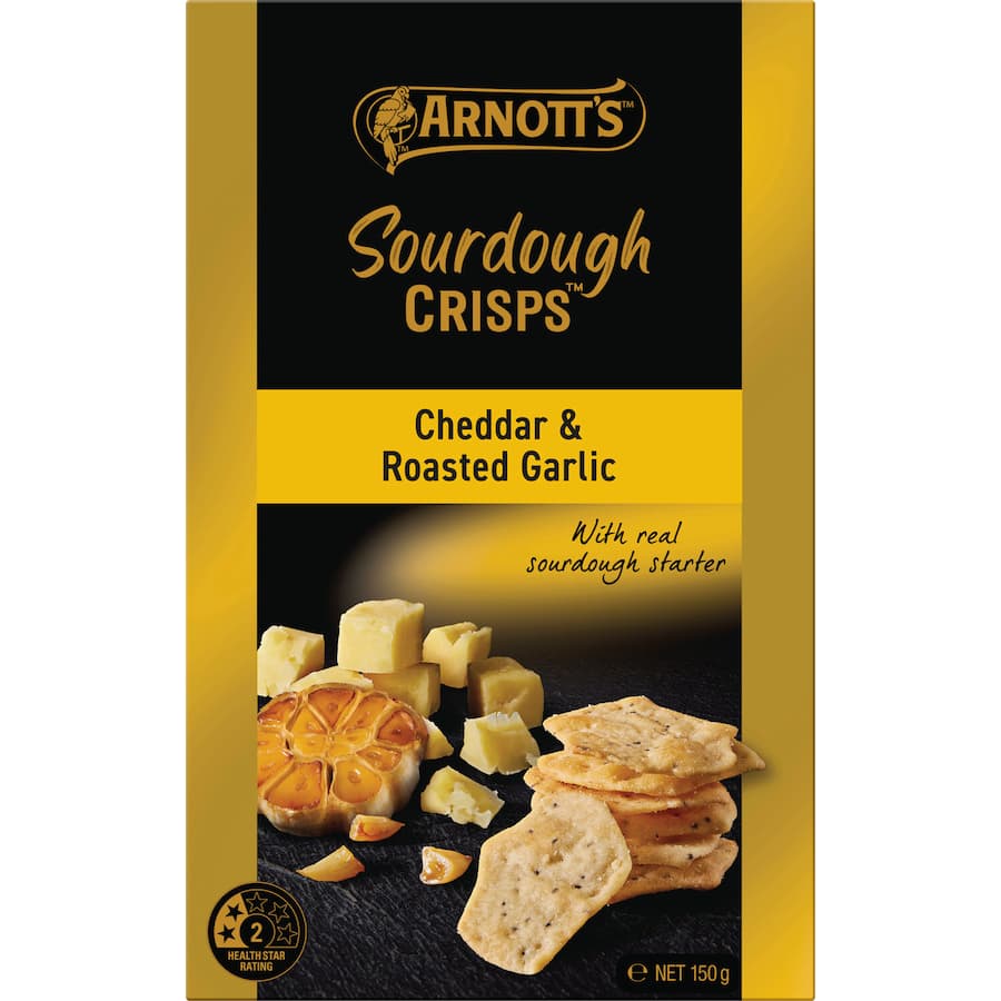 Arnotts Sourdough Crackers with Cheddar & Garlic, offering a crunchy texture and rich flavors, perfect for snacking or entertaining.