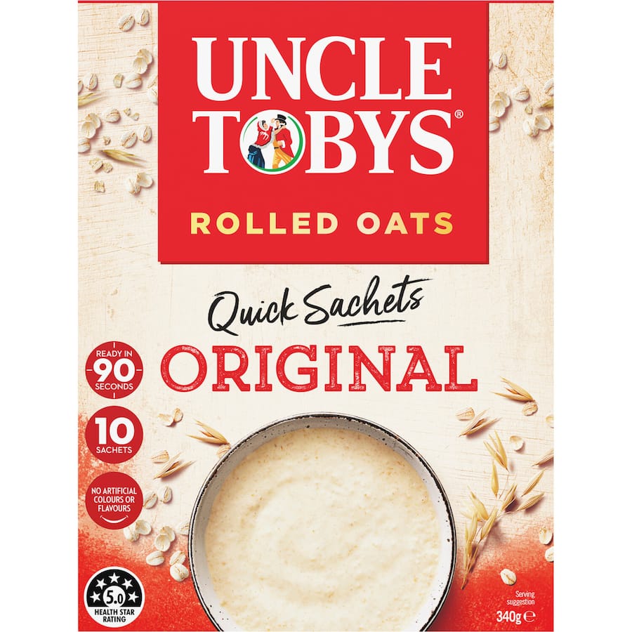 Quick-cooking whole grain oats in sachets, perfect for a healthy and convenient breakfast for busy families.