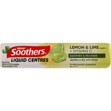 Soothers Lemon & Lime Lozenges with liquid center for throat relief, featuring Menthol, Eucalyptus, and Vitamin C.