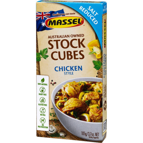 Massel Chicken Style Stock Cubes: salt-reduced, plant-based flavor enhancer for soups, stews, and versatile plant-based dishes.