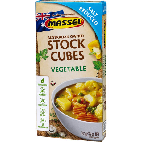 Massel Ultra Vegetable Stock Cubes Salt Reduced enhance dishes with rich flavor while minimizing salt intake, ideal for healthy cooking.