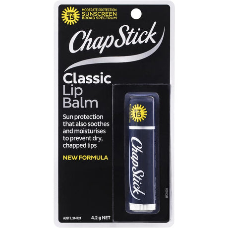 Chapstick Lip Balm Classic in 4.2g tube, featuring SPF 15+ for hydrating and protecting lips from sun and wind.