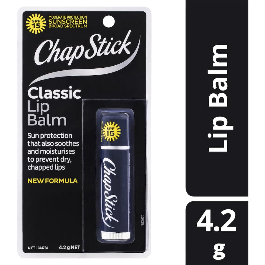 Chapstick Lip Balm Classic with SPF 15, 4.2g tube provides hydration and sun protection for soft, supple lips.