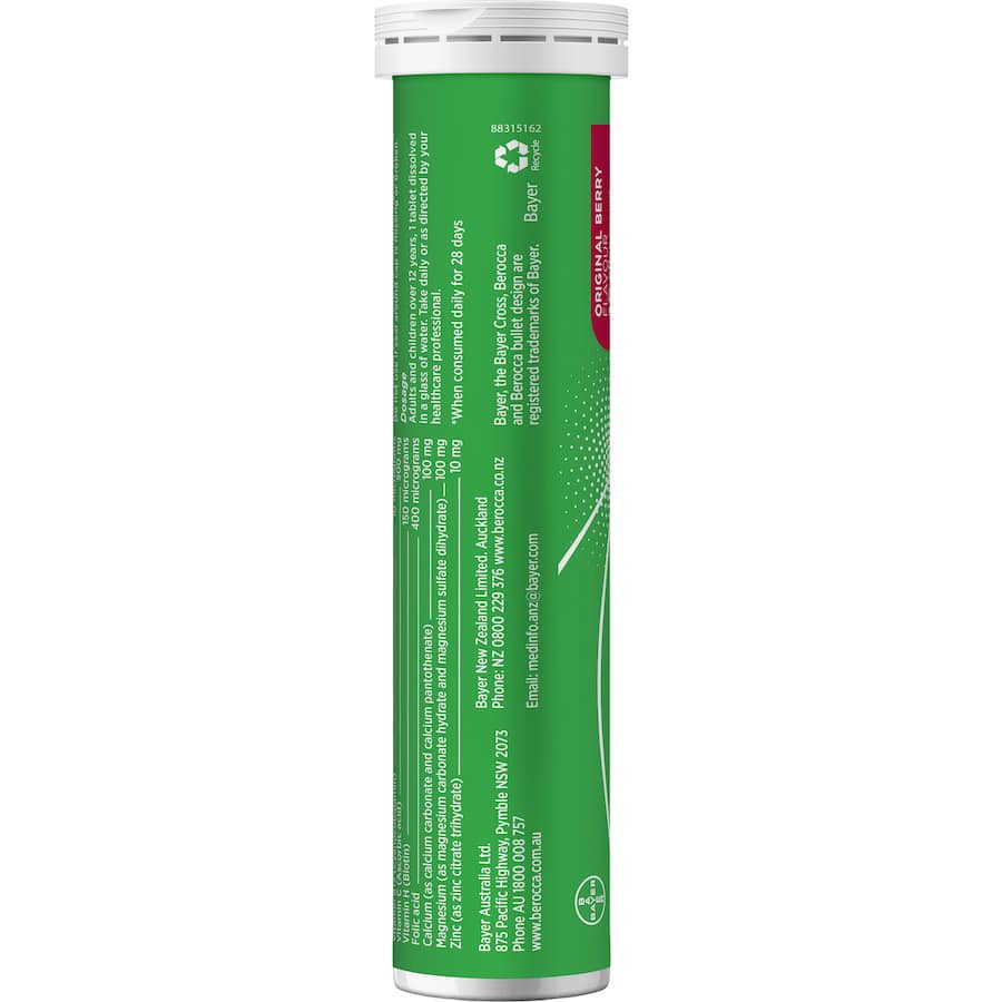 Effervescent Berocca Performance tablets in Original Berry flavor, packed with Vitamin C and B vitamins for energy and vitality.