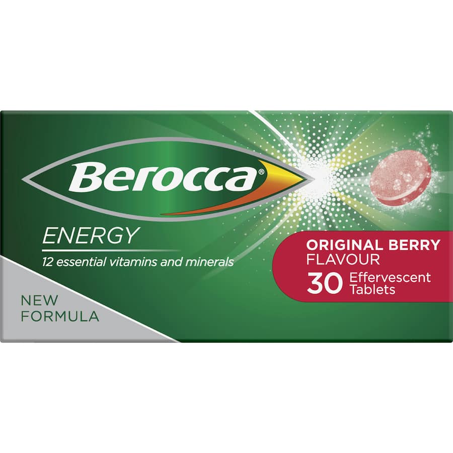 Effervescent berry-flavored vitamin tablets for energy, mental performance, and immune health support.