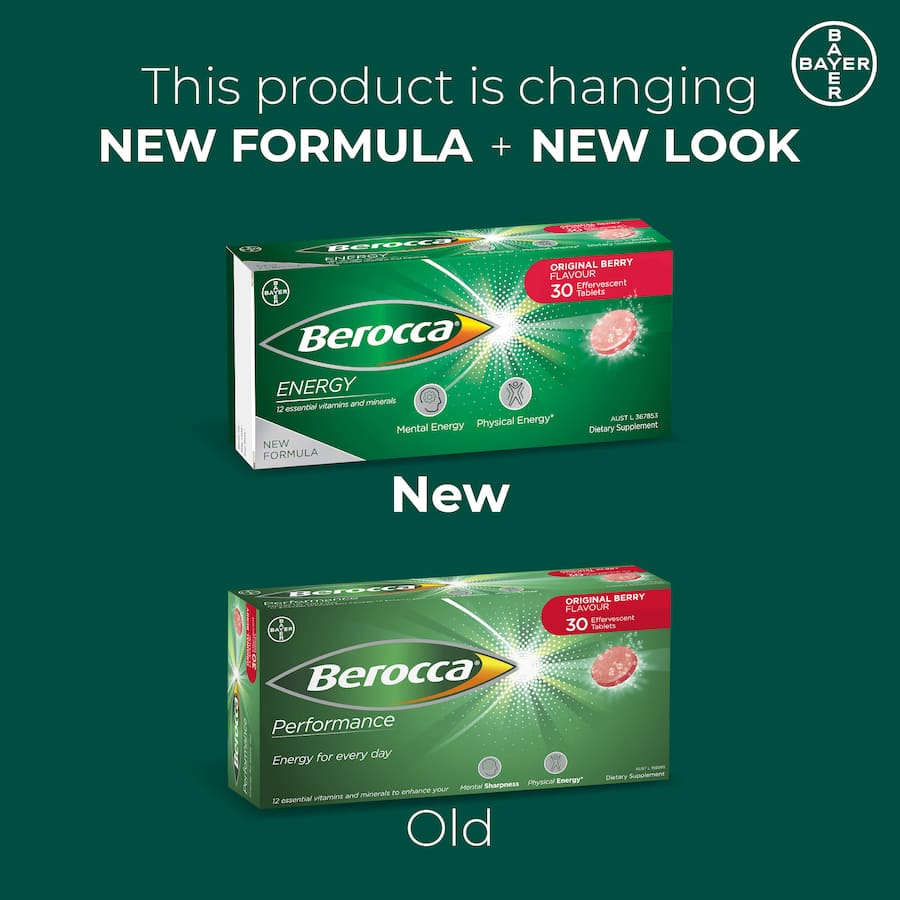 Effervescent Berocca tablets in Original Berry flavor, packed with vitamins to boost energy and support mental performance.