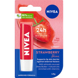 Nivea Fruity Shine Lip Balm Strawberry, 4.8g, with strawberry scent, offers 24-hour hydration and a subtle pink sheen for soft lips.