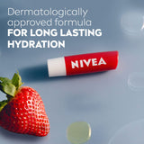 Nivea Fruity Shine Lip Balm Strawberry 4.8g, offering 24-hour hydration, a strawberry scent, and a subtle pink sheen.