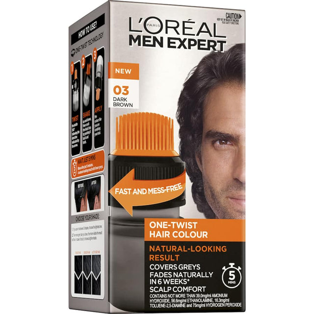 Dark brown hair dye for men that covers grey hair in 5 minutes with easy application and natural-looking results.