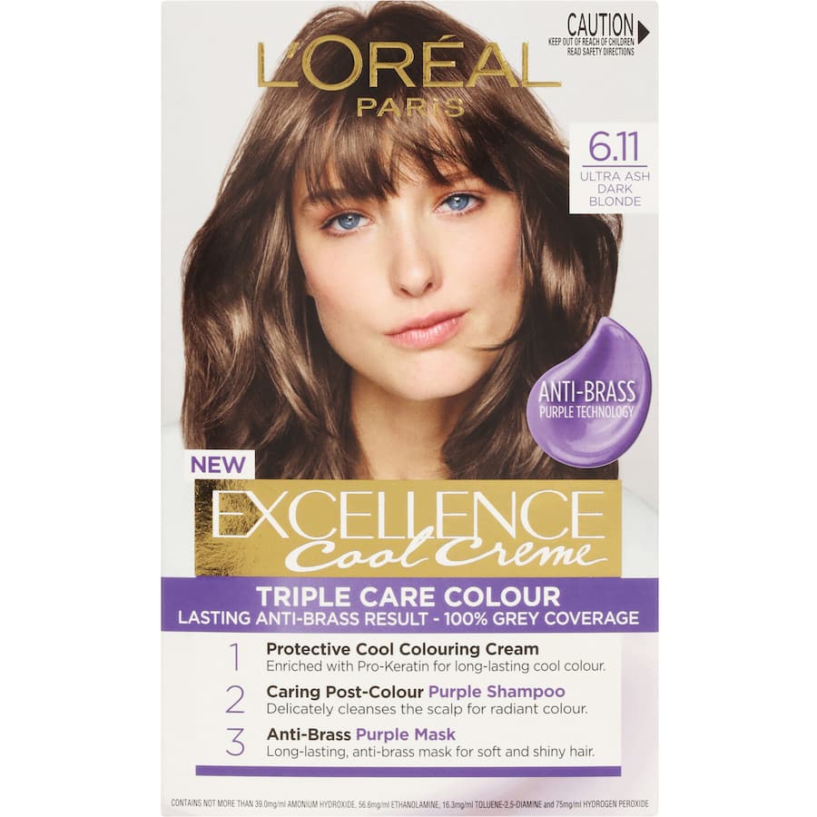 Ash dark blonde hair transformation using L'Oreal's Excellence Cool Colour with anti-brass technology for vibrant, healthy results.