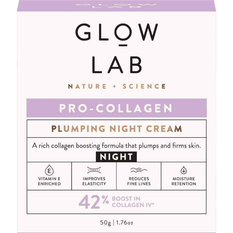 Night cream jar featuring Glow Lab's Pro-Collagen formula, designed for plumper, smoother, and youthful skin overnight.