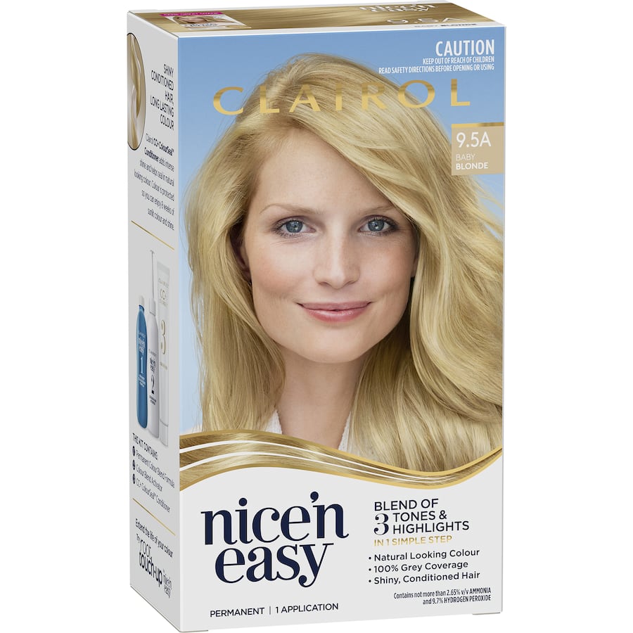 Clairol Nice N Easy Hair Colour in Baby Blonde 9.5A offers natural, multi-dimensional blonde with 100% grey coverage and lasting shine.