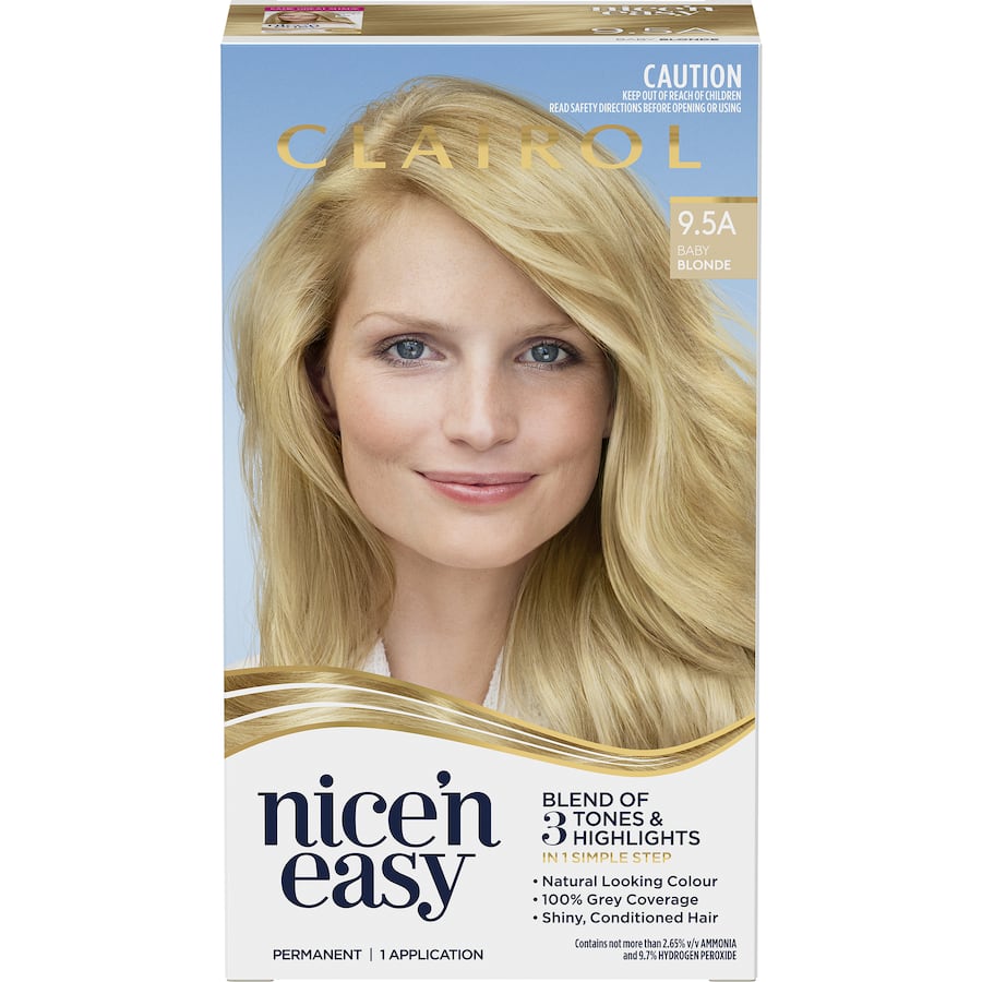 Clairol Nice N Easy Baby Blonde 9.5A hair dye, featuring Colour Blend Technology for natural, radiant blonde and 100% grey coverage.