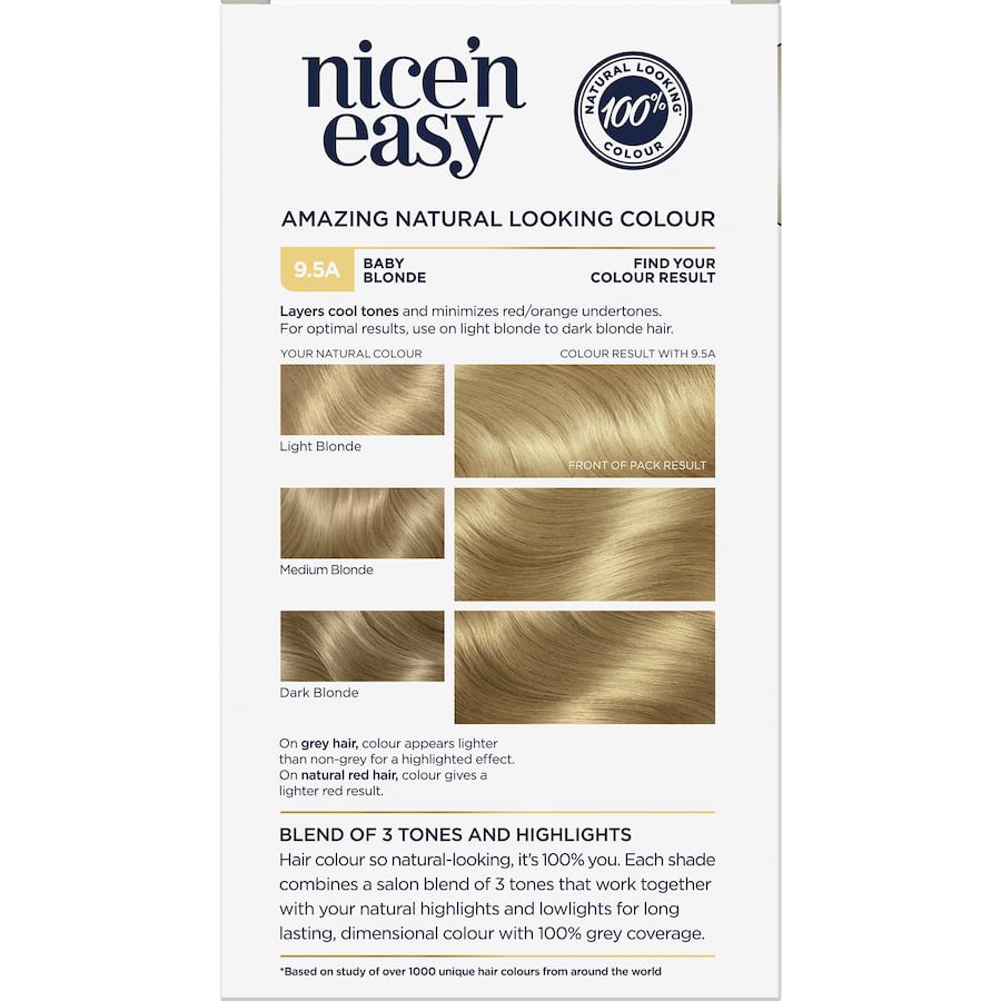 Clairol Nice N Easy Hair Colour in Baby Blonde 9.5A, featuring rich tones and 100% grey coverage for a radiant blonde look.