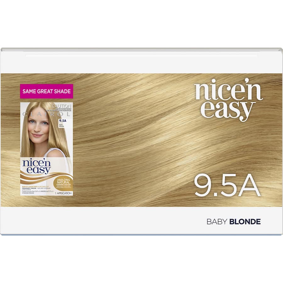 Clairol Nice N Easy Baby Blonde hair dye offers radiant, multi-dimensional color with 100% grey coverage and lasting shine.