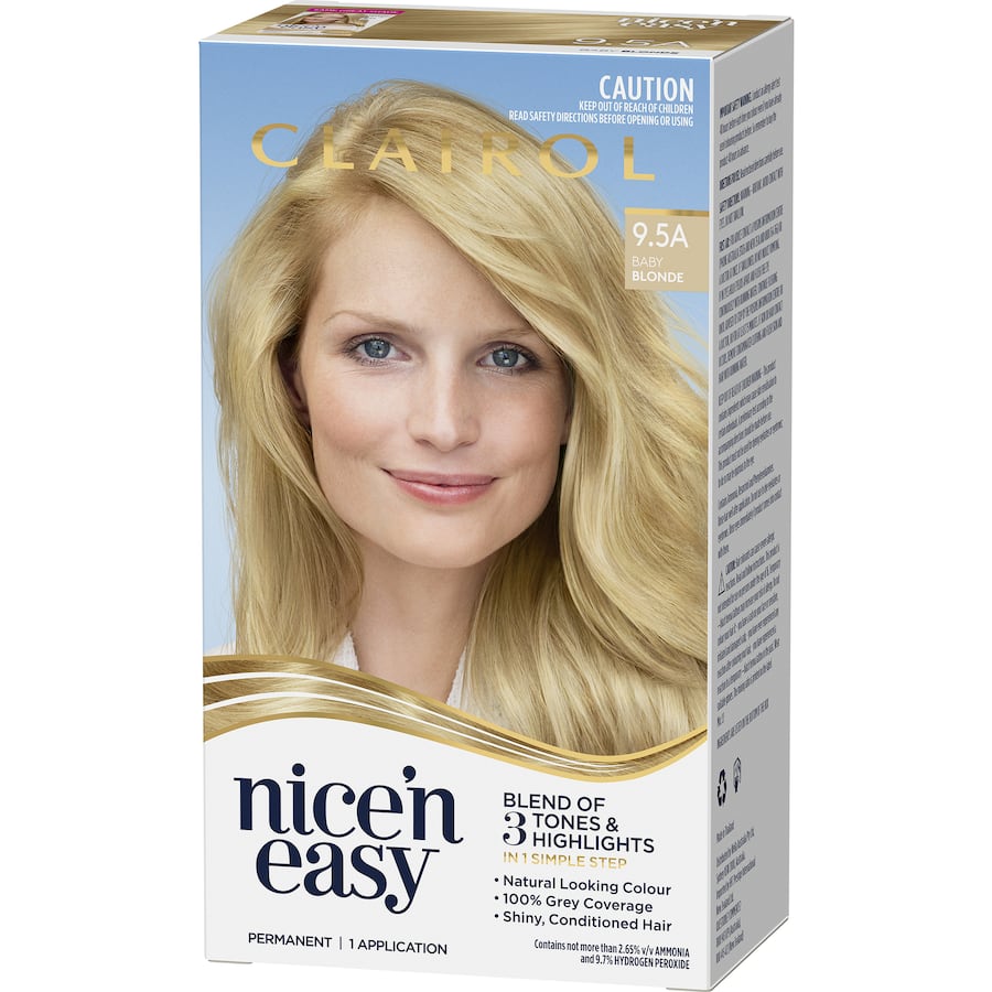 Clairol Nice N Easy Hair Colour in Baby Blonde 9.5A, featuring ColourBlend Technology for vibrant, multi-dimensional grey coverage.