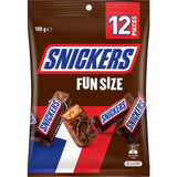 Snickers Fun Size Sharepack contains 12 individually wrapped chocolate bars with peanuts, nougat, caramel, and milk chocolate.