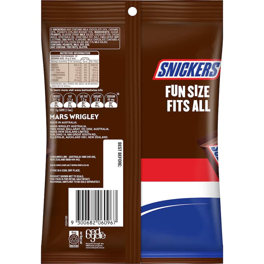 A sharepack of 12 fun size Snickers bars with crunchy peanuts, nougat, caramel, and milk chocolate, perfect for sharing.