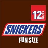 Fun size Snickers Sharepack with 12 individually wrapped bars, combining peanuts, nougat, caramel, and milk chocolate.