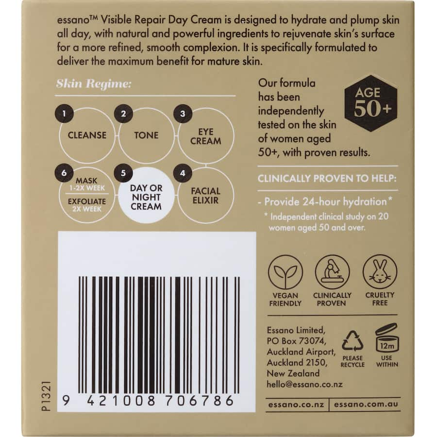 Essano Day Cream Visible Repair: hydrating cream for mature skin, featuring Lapagyl™ and Oceandermx® for firming and rejuvenation.
