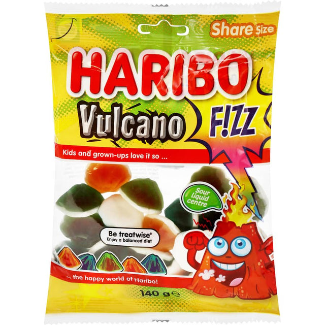 Haribo Vulcano Gummies in vibrant volcanic shapes filled with apple 'lava', offering tangy lemon, blood orange, and kiwi flavors.