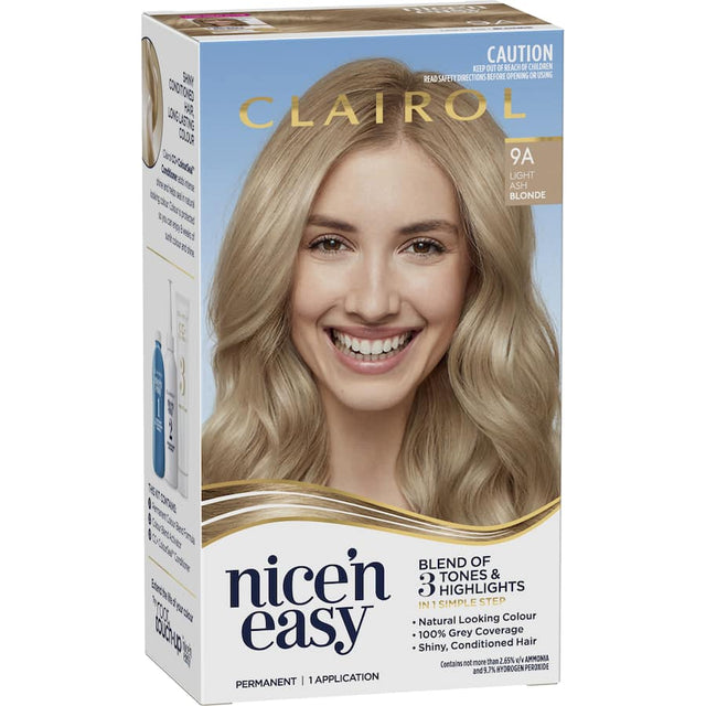 Clairol Nice N Easy Hair Colour in Light Ash Blonde 9A offers vibrant, long-lasting color with 100% grey coverage and added shine.