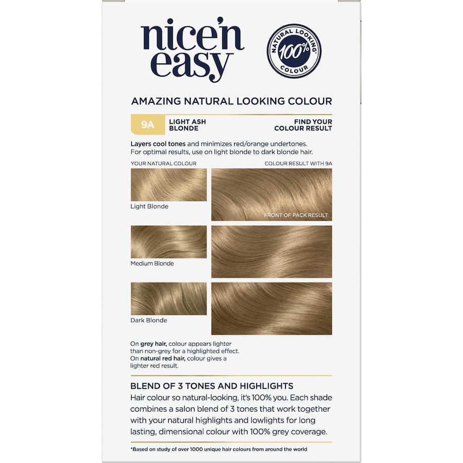 Clairol Nice N Easy Light Ash Blonde 9A: vibrant hair colour with 100% grey coverage and radiant shine.