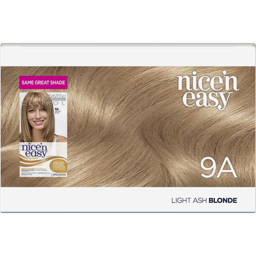 Clairol Nice N Easy Light Ash Blonde 9A hair colour, offering 100% grey coverage and vibrant, natural-looking tones.