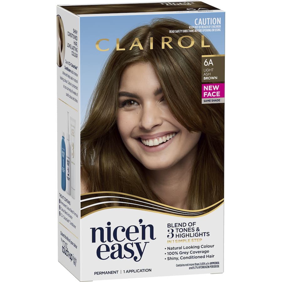 Clairol Nice N Easy Hair Colour in Light Ash Brown 6A, offers vibrant, natural color with 100% grey coverage and shine.