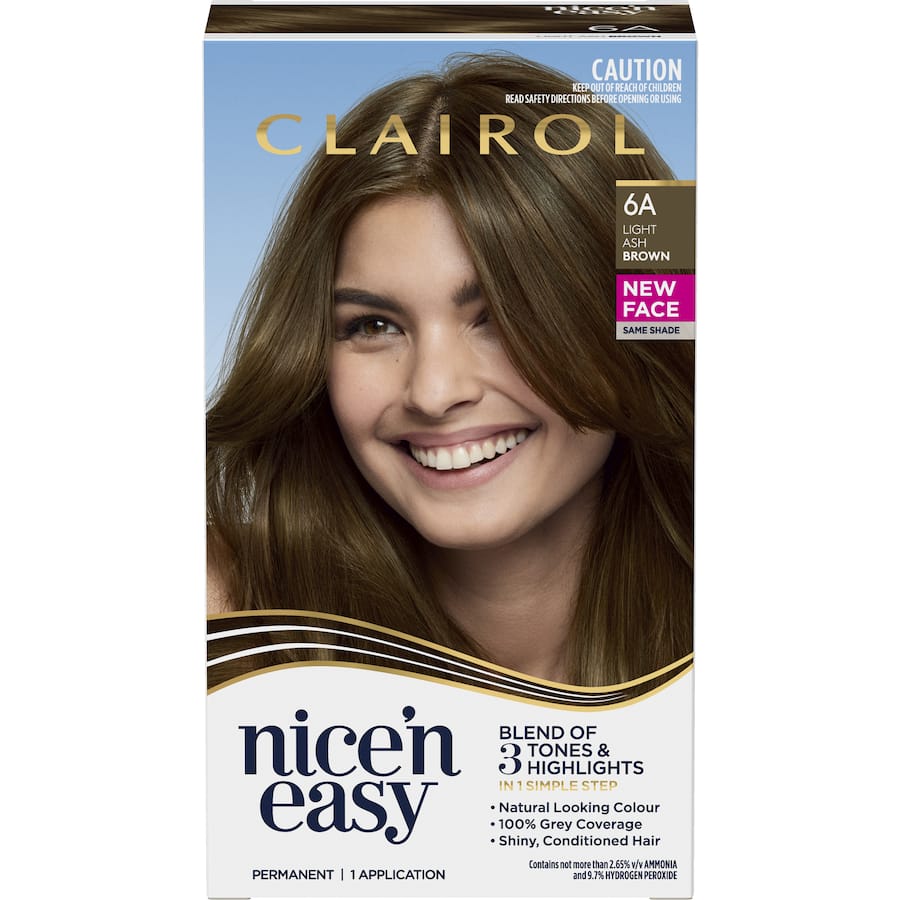 Clairol Nice 'N Easy Light Ash Brown 6A hair dye offers vibrant, long-lasting colour with 100% grey coverage and intense shine.