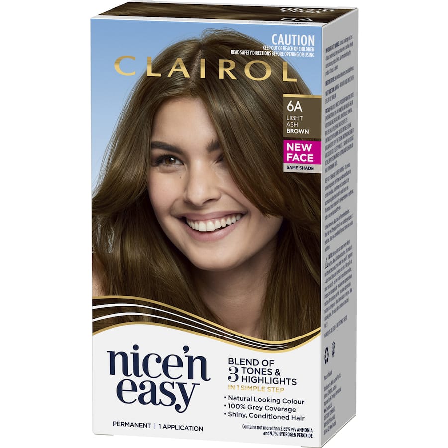 Clairol Nice 'N Easy Light Ash Brown 6A hair dye, offering vibrant color, 100% grey coverage, and lasting shine.