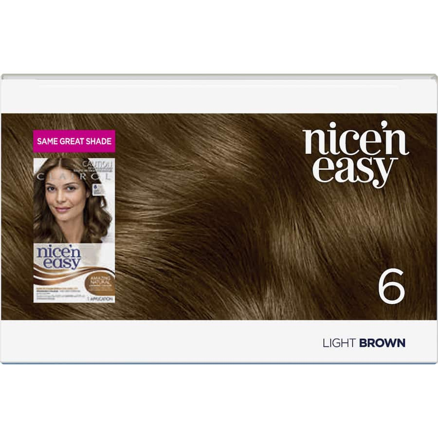 Clairol Nice 'N Easy Light Brown 6 hair colour offers natural-looking, 100% grey coverage with rich tones and radiant shine.