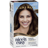 Clairol Nice 'N Easy Medium Brown 5 hair dye offers 100% grey coverage, rich tones, and lasting shine with ColourSeal Gloss.