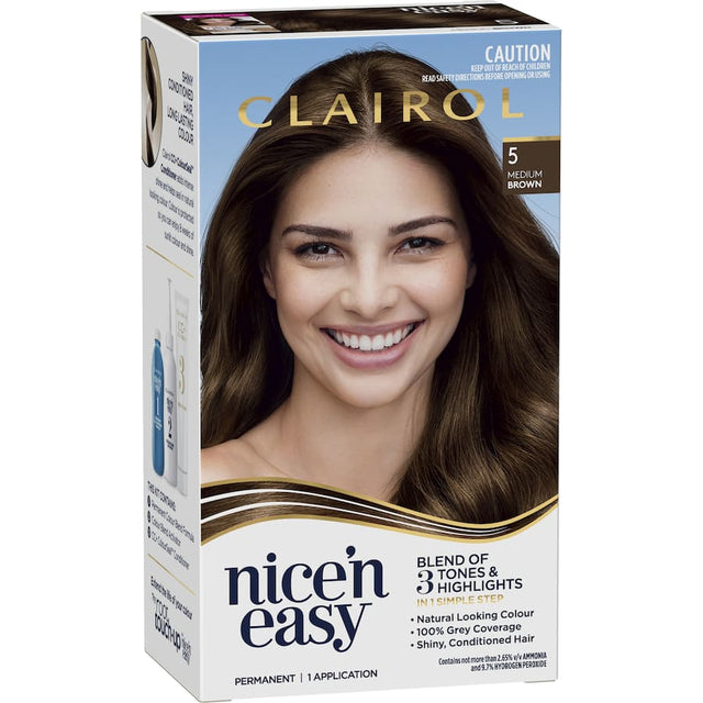 Clairol Nice 'N Easy Medium Brown 5 hair dye offers 100% grey coverage, rich tones, and lasting shine with ColourSeal Gloss.