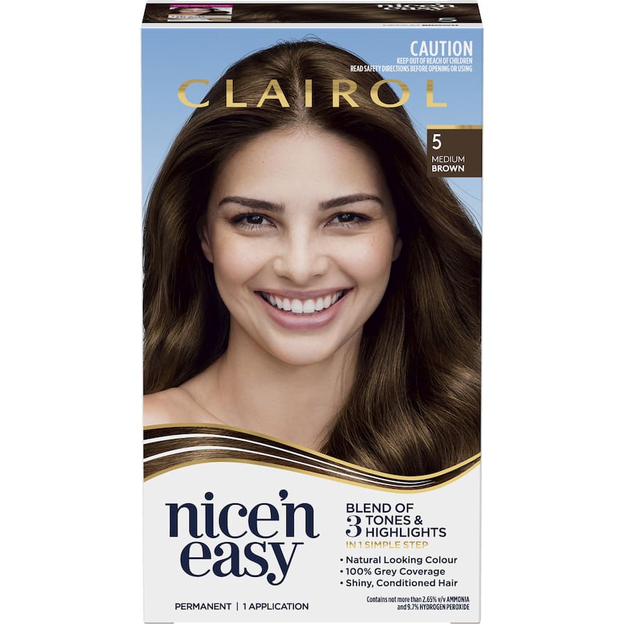 Clairol Nice 'N Easy Medium Brown 5 hair color with rich tones, 100% grey coverage, and included conditioning gloss.