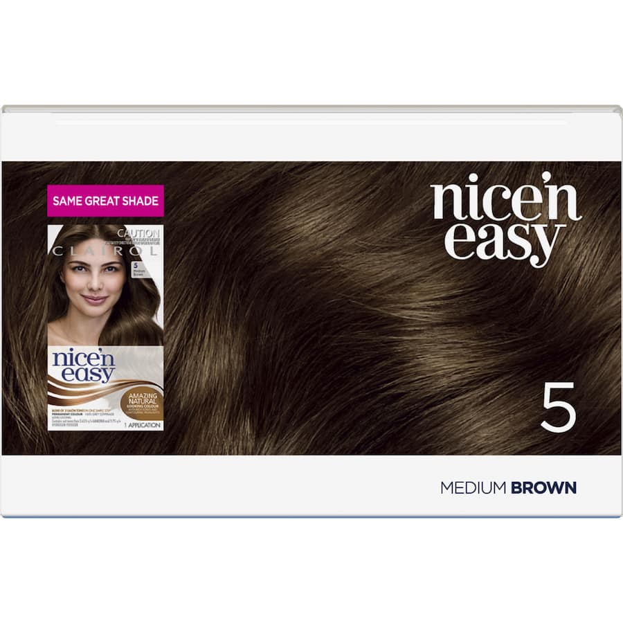 Clairol Nice 'N Easy Medium Brown 5 hair color with advanced technology for natural-looking color and 100% grey coverage.