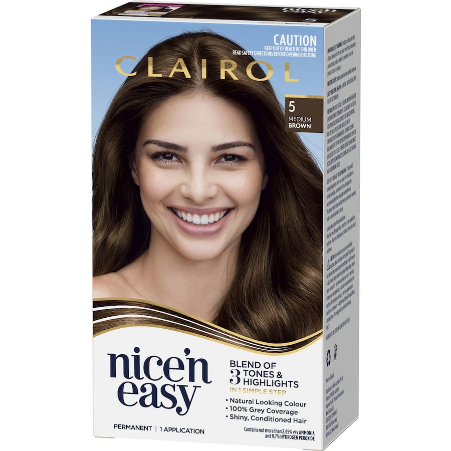 Clairol Nice 'N Easy Medium Brown 5 hair dye offers vibrant color, 100% grey coverage, and conditioning shine for natural results.