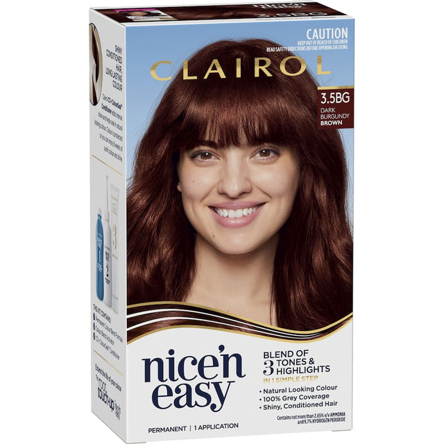 Clairol Nice N Easy Dark Burgundy Brown hair dye offers rich tones, 100% gray coverage, and long-lasting shine with ColourSeal Gloss.