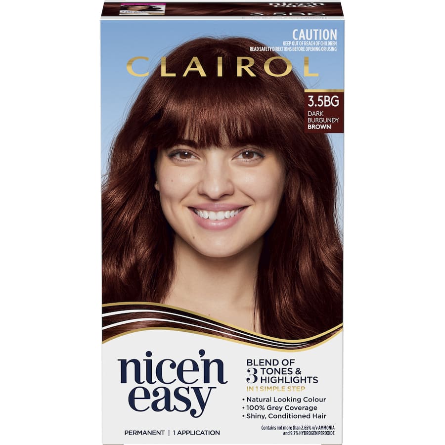 Clairol Nice N Easy Dark Burgundy Brown hair dye offers rich tones, 100% gray coverage, and a glossy finish for vibrant hair.