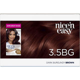 Clairol Nice N Easy Dark Burgundy Brown hair dye, offering rich tones, 100% gray coverage, and intense shine for natural-looking color.