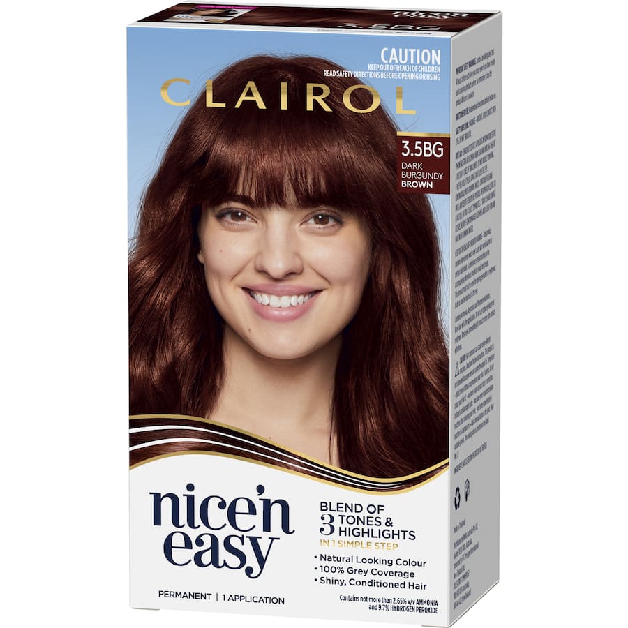 Clairol Nice N Easy Dark Burgundy Brown hair dye offers rich tones, 100% gray coverage, and intense shine for vibrant color.