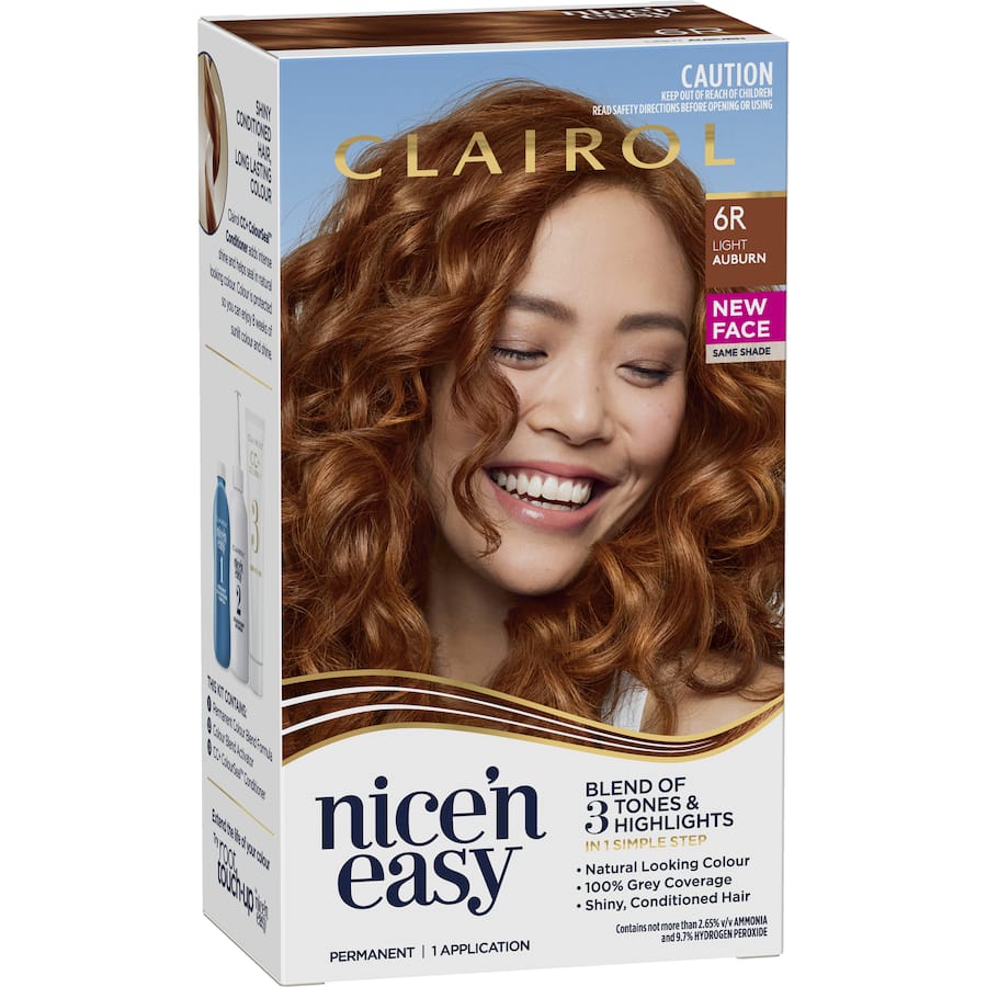 Clairol Nice N Easy Light Auburn 6R hair dye offers vibrant, natural color with 100% grey coverage and conditioning gloss for shine.