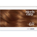 Clairol Nice N Easy Light Auburn 6R hair dye, featuring rich tones, highlights, and 100% grey coverage for vibrant, lasting color.