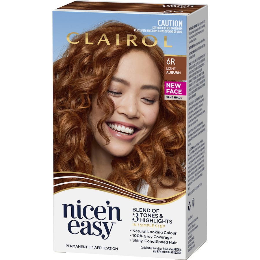 Clairol Nice N Easy Hair Colour in Light Auburn 6R ensures rich tones, 100% grey coverage, and vibrant shine for up to 8 weeks.