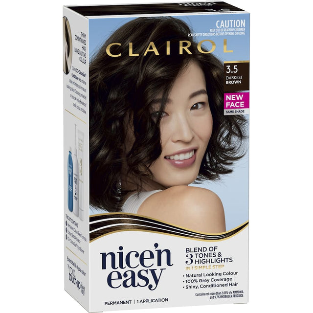 Clairol Nice 'N Easy Darkest Brown hair color offers natural tones, 100% grey coverage, and long-lasting shine with ColourSeal Gloss.