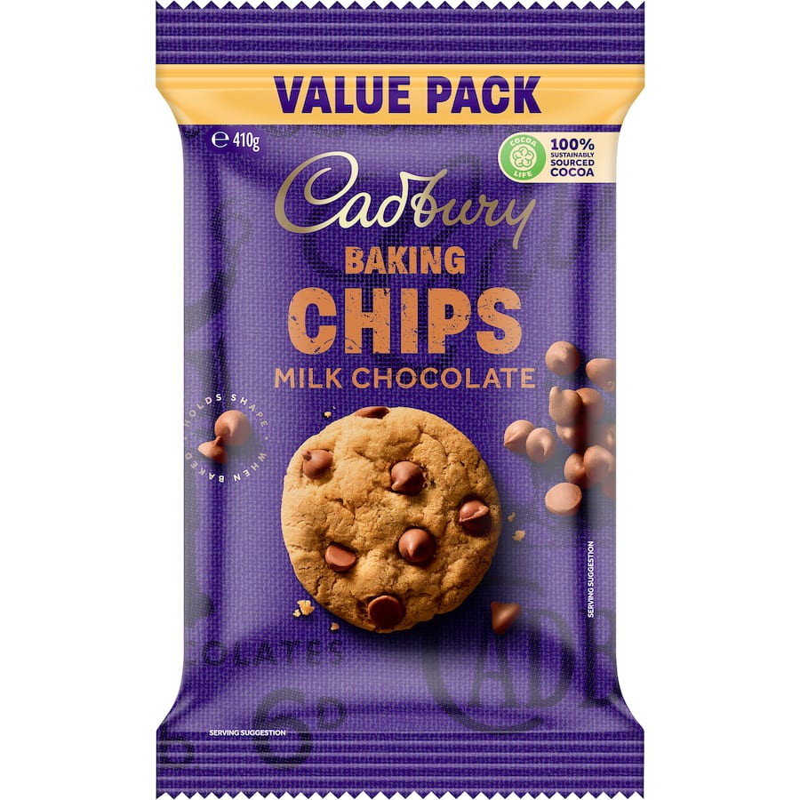 Cadbury Baking Milk Chocolate Chips Value Pack featuring rich chocolate chips perfect for baking cookies, brownies, and muffins.