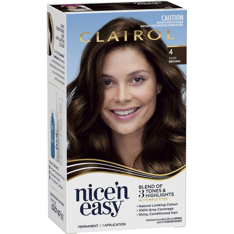 Clairol Nice N Easy Dark Brown 4 hair dye offers rich color, 100% grey coverage, and boosts shine with conditioning gloss.