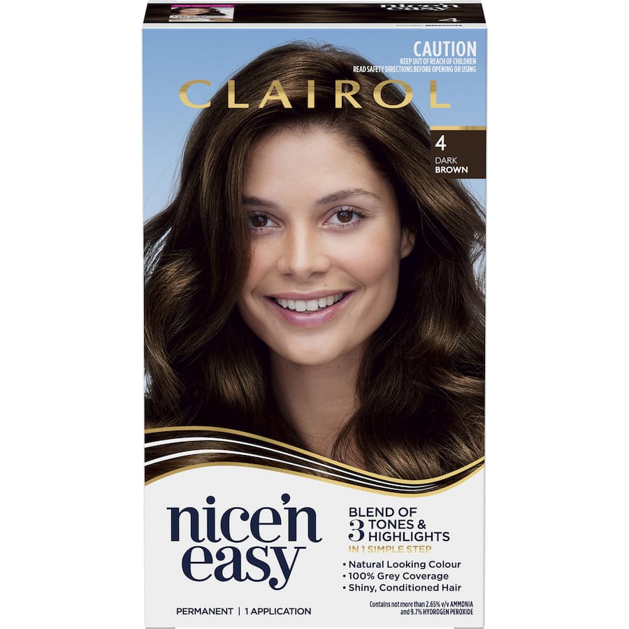 Clairol Nice N Easy Dark Brown 4: Permanent hair colour with rich tones, 100% grey coverage, and ColourSeal Gloss for shine.