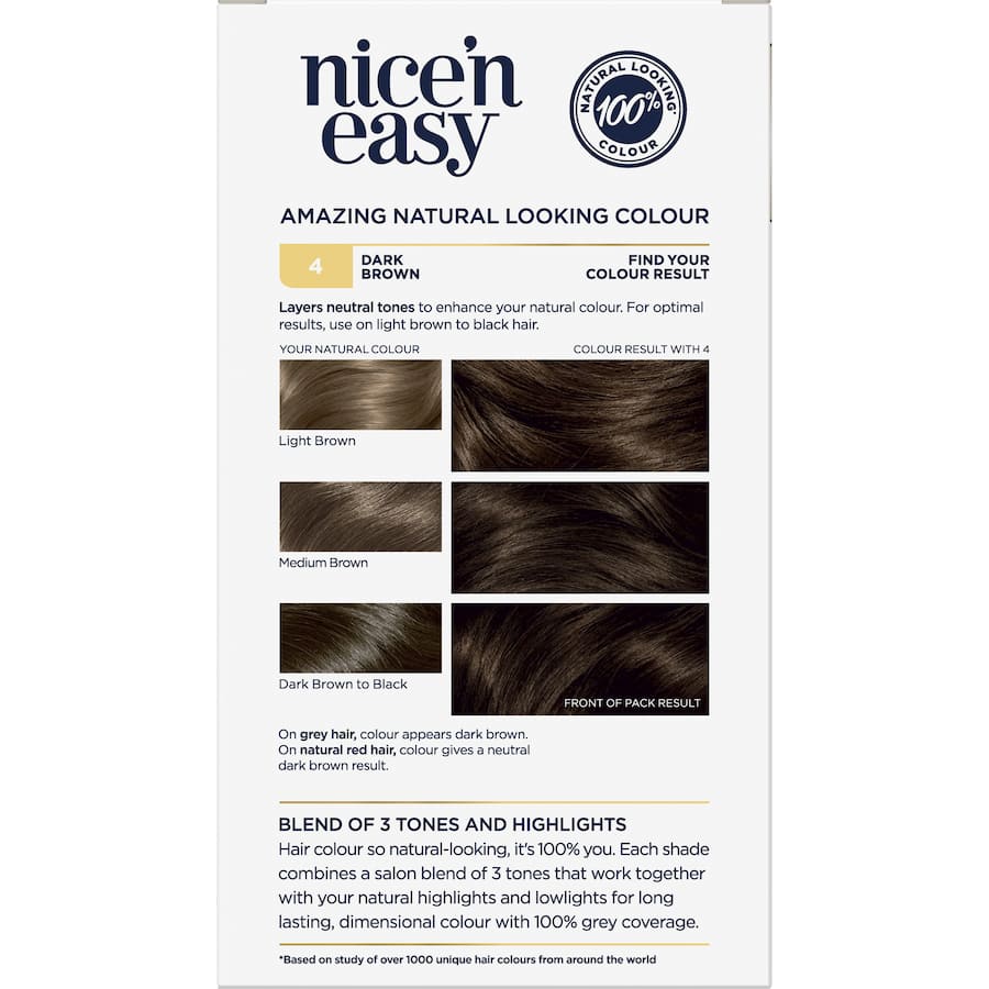 Clairol Nice N Easy Dark Brown 4 hair dye ensures 100% grey coverage with rich tones and highlights for vibrant, lasting color.